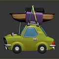 Green Cartoon Car With Colorful Luggage And Small Boat On Roof
