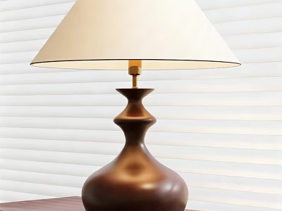 Elegant Table Lamp With White Lampshade And Brown Vase Shaped Base Against Window Blinds 3d model