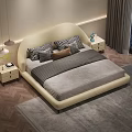 Modern Double Bed with Beige Upholstered Headboard Patterned Pillows Nightstands Table Lamps and Gray Rug