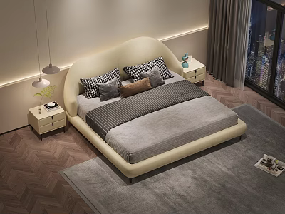 Modern Double Bed with Beige Upholstered Headboard Patterned Pillows Nightstands Table Lamps and Gray Rug 3d model