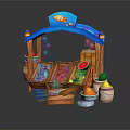 Colorful Wooden Market Stall with Blue Fish Decoration Fruit Candy Crates Watermelon and Baskets
