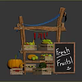 Wooden Fruit Stand With Blue Striped Canopy Fresh Fruits Blackboard Sign And Wooden Crates
