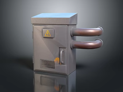 Gray Metal Computer Equipment With Yellow Warning Sign Copper Tubes Vent And Handle 3d model