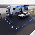 Exhibition Booth With Car Display Screen Outdoor Seating And Umbrella Shade Setup