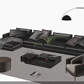 L Shaped Black Leather Sofa Coffee Table Set With Beige Cushions Armchair And Floor Lamp