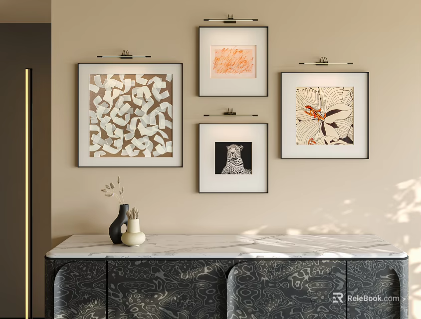 Four Abstract Paintings Hanging On Wall With Marble Counter Cabinet And Decorative Vase 3d model 