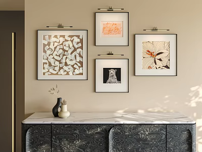 Four Abstract Paintings Hanging On Wall With Marble Counter Cabinet And Decorative Vase 3d model