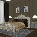 Elegant Double Bed with Carved Diamond Tufted Headboard Nightstands Table Lamps and Peacock Paintings