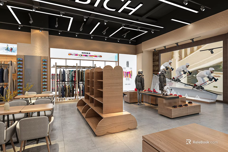 Modern Supermarket Department Store Interior With Wooden Shelves Tables And Product Displays 3d model 