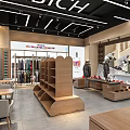 Modern Supermarket Department Store Interior With Wooden Shelves Tables And Product Displays