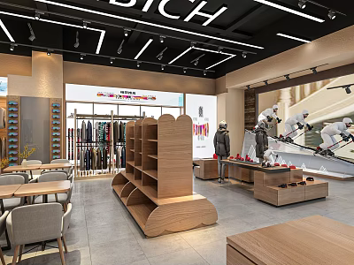 Modern Supermarket Department Store Interior With Wooden Shelves Tables And Product Displays 3d model