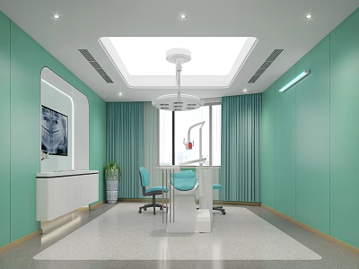 Dental Clinic Interior With Green Walls Medical Equipment Windows Chairs And Display Screen 3d model