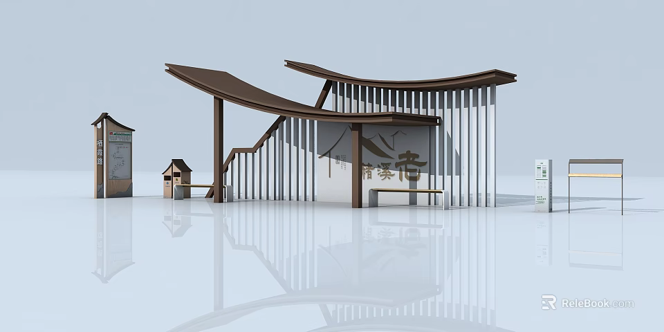Modern Public Station With Unique Roof Design Wooden Structure And Metal Railing 3d model 