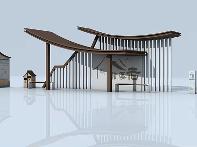 Modern Public Station With Unique Roof Design Wooden Structure And Metal Railing 3d model