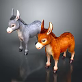 Two Cute Donkeys One Gray And One Brown Standing On Black Background With Reflection 3d model
