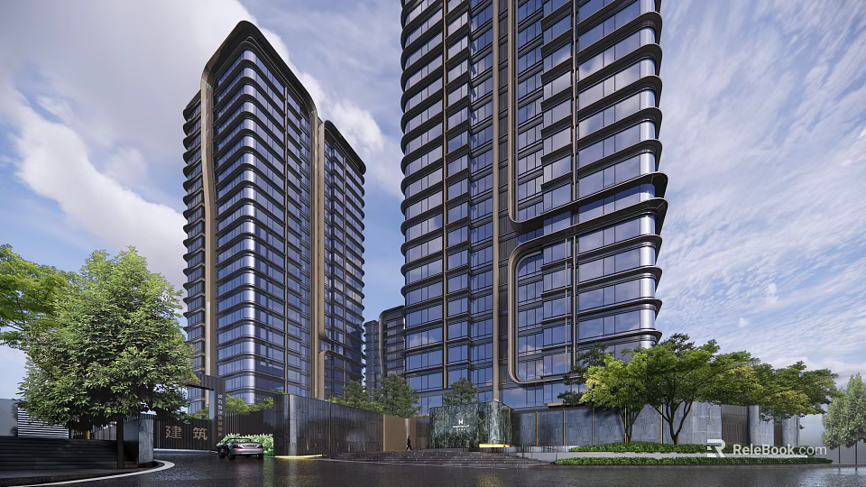 Modern High Rise Residential Building With Glass Curtain Walls And Surrounding Greenery And Water Features 3d model 