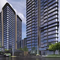 Modern High Rise Residential Building With Glass Curtain Walls And Surrounding Greenery And Water Features