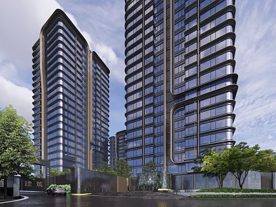 Modern High Rise Residential Building With Glass Curtain Walls And Surrounding Greenery And Water Features 3d model