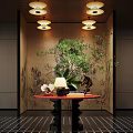 Elegant Hotel Lobby Interior With Pendant Lights Green Plant Red Table And Wall Decorations