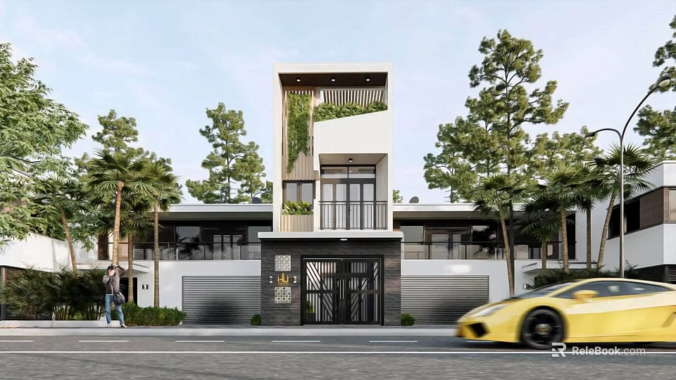 Modern Detached Villa Exterior Design With Trees Green Plants And Garage Driveway 3d model 