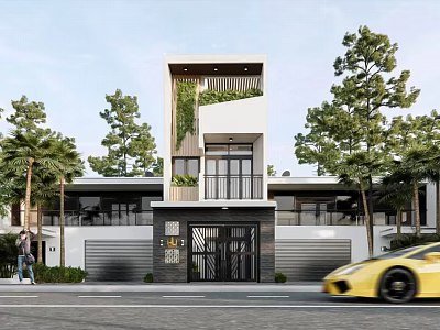 Modern Detached Villa Exterior Design With Trees Green Plants And Garage Driveway 3d model