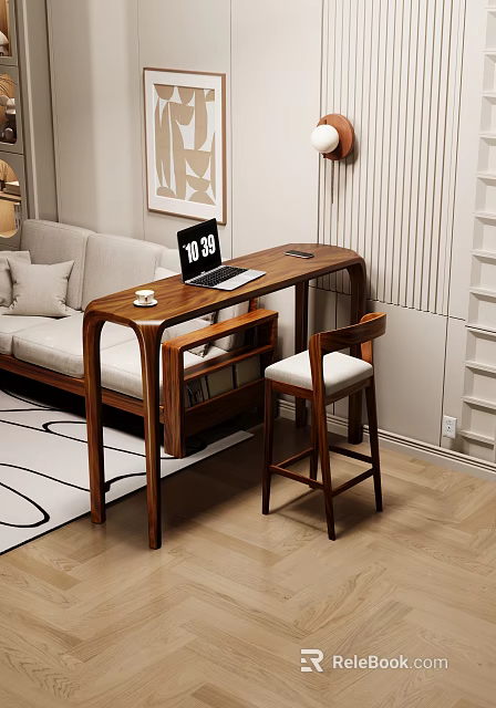 Modern Wooden Bar Counter With Sofa Laptop Coffee Cup And Stylish Bar Stool 3d model 