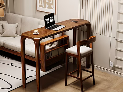 Modern Wooden Bar Counter With Sofa Laptop Coffee Cup And Stylish Bar Stool 3d model