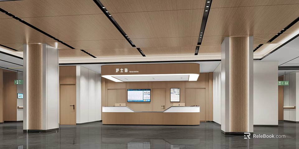 Modern Hospital Outpatient Clinic Lobby With Reception Desk Digital Screen And Wooden Decor 3d model 