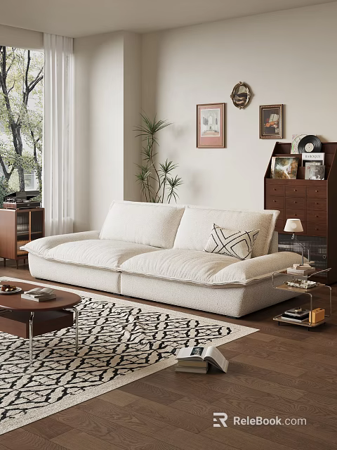 Modern White Sofa and Coffee Table Set with Geometric Rug Decorative Paintings and Indoor Plant 3d model 