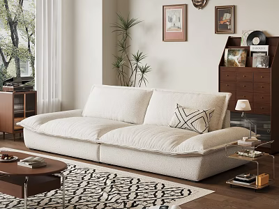 Modern White Sofa and Coffee Table Set with Geometric Rug Decorative Paintings and Indoor Plant 3d model