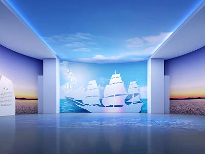Nautical Themed Exhibition Hall Interior Design With Sailboat Models Blue Sky Background And Smooth Floor 3d model