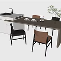 Modern Dining Table Set With Two-Tone Chairs Sink Counter Tableware And Potted Plant 3d model