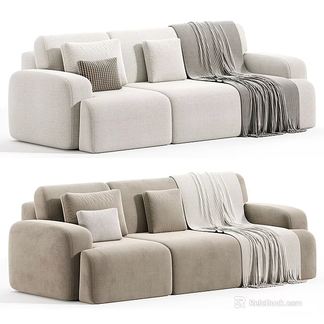 Cozy Beige Sectional Sofa With Soft Pillows And Warm Blanket In Modern Living Room 3d model 