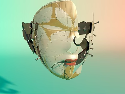 Fractured Face Sculpture Artwork With Metal Parts Cracks And Gradient Backdrop 3d model