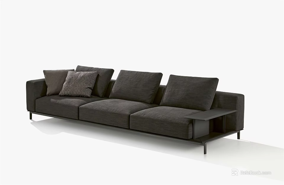 Dark Gray Three Seater Sofa With Plush Cushions And Integrated Side Table 3d model 