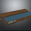 Long Wooden Building With Brown And Blue Roof Open Sections Structure Design