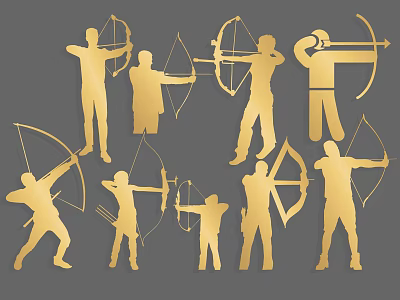 Golden Archer Silhouettes In Various Poses With Different Bow Designs On Gray Background 3d model