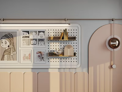 Modern Cozy Wall Decor With Art Prints Pegboard And Wooden Shelves 3d model