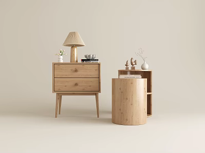 Minimalist Modern Wooden Bedside Tables With Lamp Decorative Items And Storage Drawers 3d model