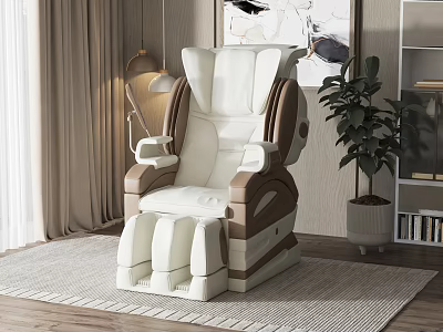 Modern White and Brown Leather Massage Chair in Room with Floor Lamp and Potted Plant 3d model