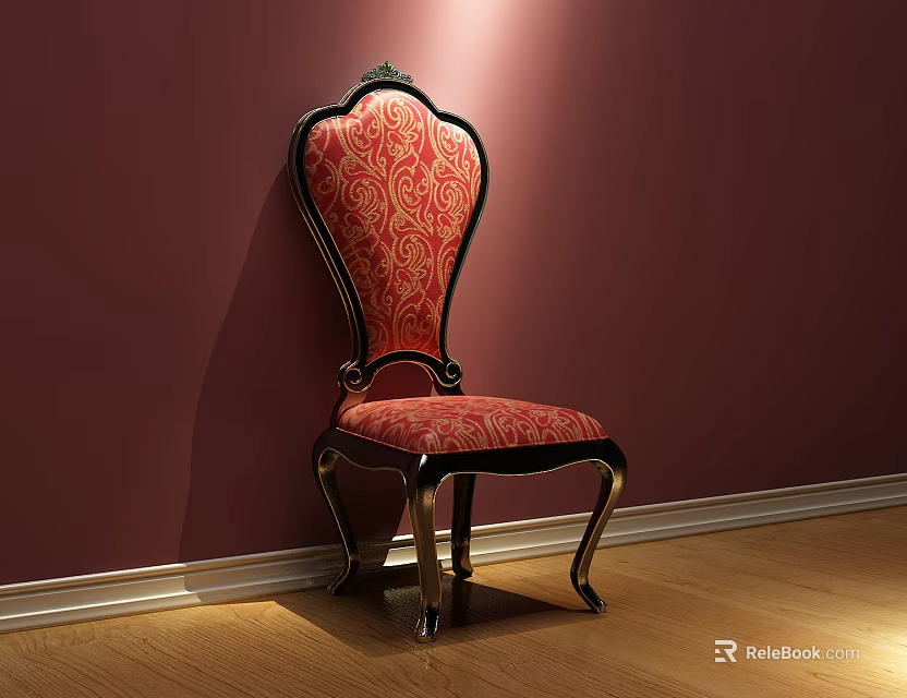 Ornate Red Patterned Dining Chair With Black Gold Frame Against Maroon Wall 3d model 