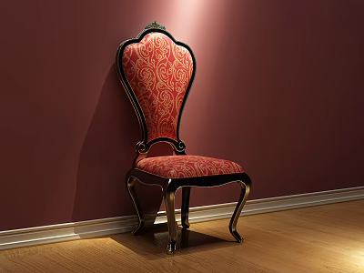 Ornate Red Patterned Dining Chair With Black Gold Frame Against Maroon Wall 3d model