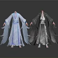 Traditional Hanfu Robes In Blue And Black With Flowing Sleeves And Sashes