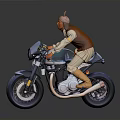 Man Riding Blue And White Motorcycle Wearing Brown Vest And Animal Ear Hat