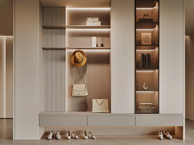 Modern Light Colored Shoe Cabinet With Shelves Hanging Hat Bags Drawers And Shoes 3d model