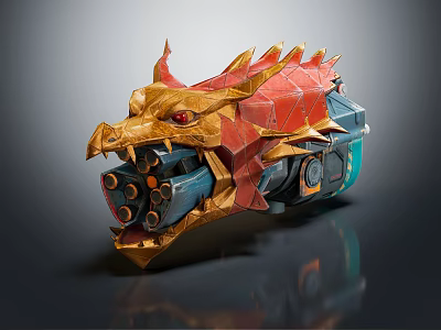 Dragon Head Shaped Weapon With Gold Red Decoration And Mechanical Structure 3d model