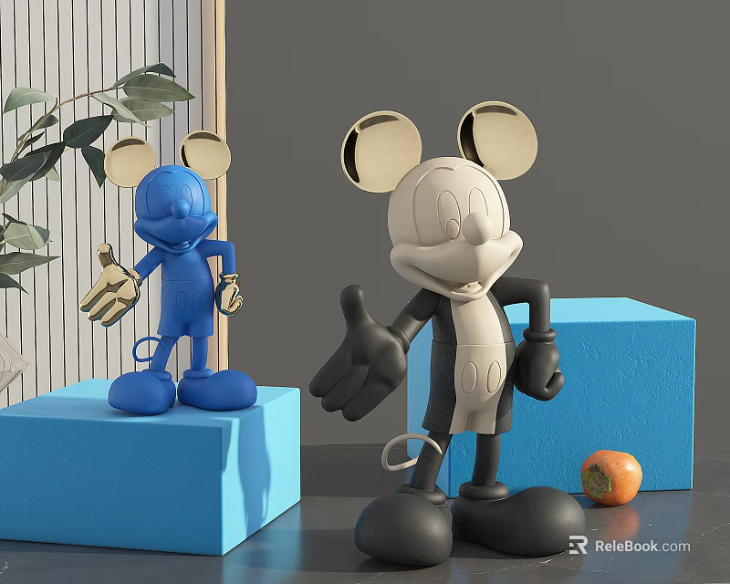 Decorative Ornament Set Mickey Inspired Figurines Blue White Black Gold Ears on Blue Cube Stands 3d model 