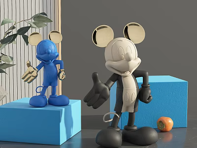 Decorative Ornament Set Mickey Inspired Figurines Blue White Black Gold Ears on Blue Cube Stands 3d model