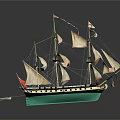 Detailed Model Sailing Ship With White Sails Green Hull And Decorative Flags