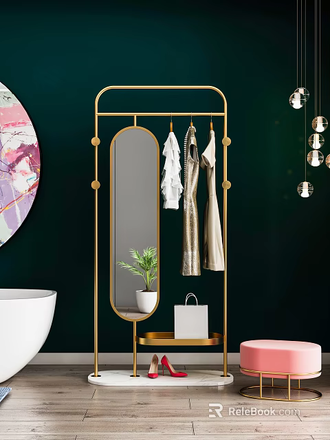 Modern Golden Hanger With Hanging Clothes Mirror Plant Shopping Bag Against Dark Green Wall 3d model 